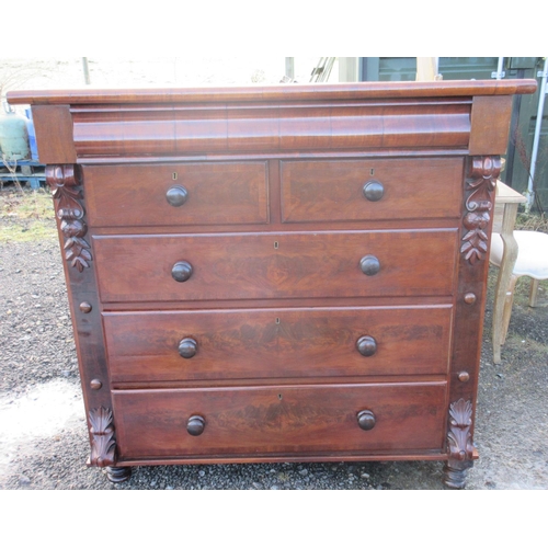 574 - Victorian mahogany chest, with frieze drawer above two short and three long drawers, on turned feet,... 