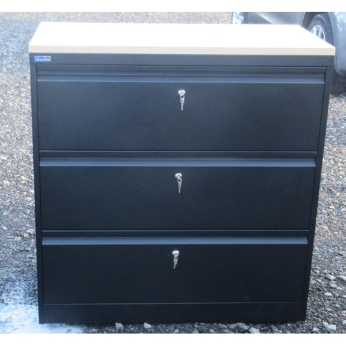 576 - Silverline black three drawer filing cabinet, with oak finish top, W100cm D50cm H105cm