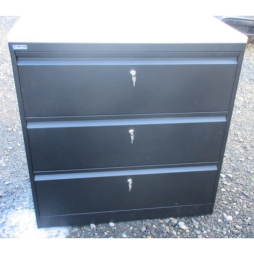 576 - Silverline black three drawer filing cabinet, with oak finish top, W100cm D50cm H105cm