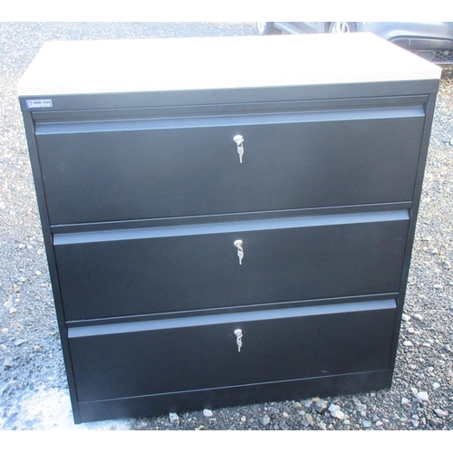 576 - Silverline black three drawer filing cabinet, with oak finish top, W100cm D50cm H105cm