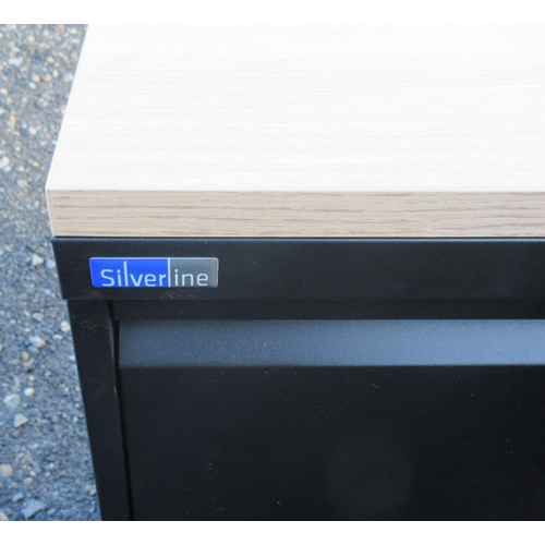 576 - Silverline black three drawer filing cabinet, with oak finish top, W100cm D50cm H105cm