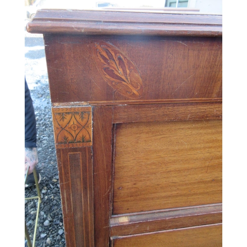 580 - 19th century inlaid mahogany chest of two short and three long drawers, with brass handles, on brack... 