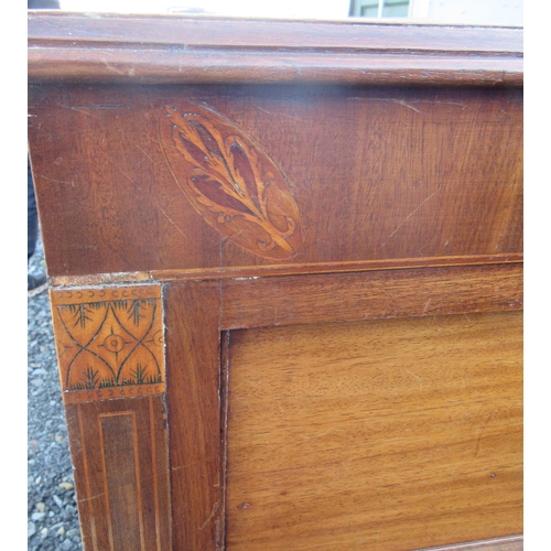 580 - 19th century inlaid mahogany chest of two short and three long drawers, with brass handles, on brack... 