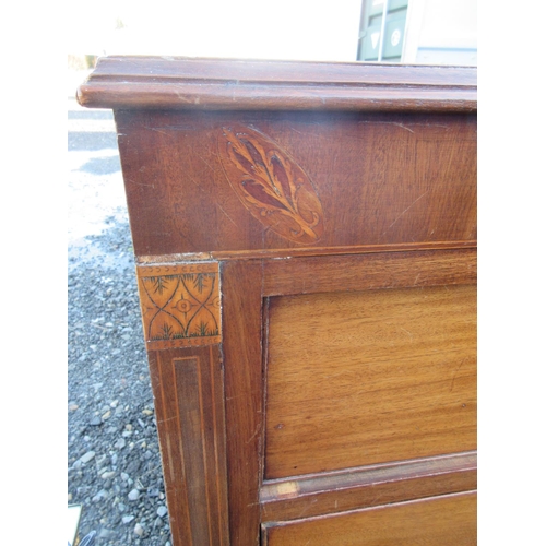 580 - 19th century inlaid mahogany chest of two short and three long drawers, with brass handles, on brack... 