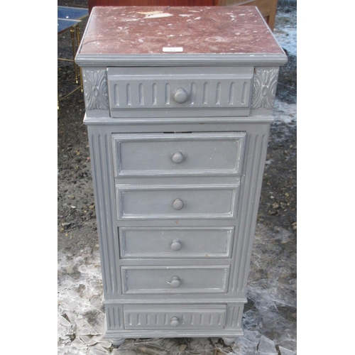 584 - French grey painted bedside cabinet with grey marble top, W41cm D37cm H86cm