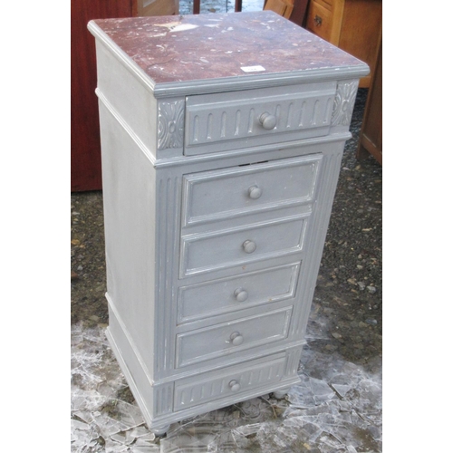 584 - French grey painted bedside cabinet with grey marble top, W41cm D37cm H86cm