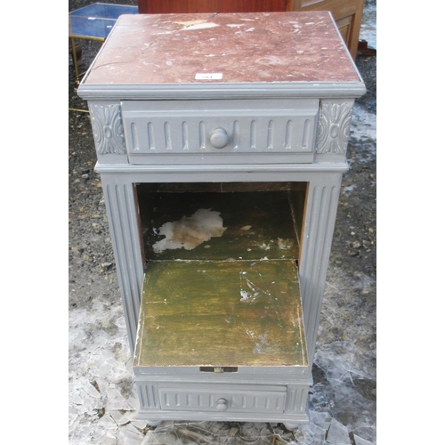 584 - French grey painted bedside cabinet with grey marble top, W41cm D37cm H86cm