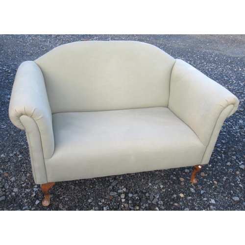 587 - The Chaise Longue Company small green upholstered arched back sofa, on cabriole legs, WS130cm D76cm ... 