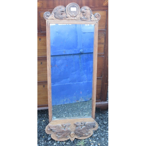 592 - Geo.111 style stripped wood wall mirror, relief decorated with scrolls, shell and exotic birds, H110... 