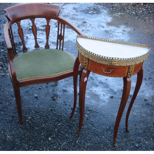 598 - Small French style gilt metal mounted white marble top demi lune side table, and an Edwardian inlaid... 