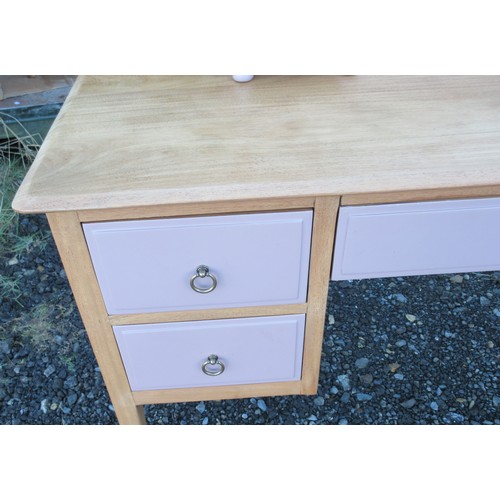 579 - Stag kneehole part painted dressing table, with mirror, W130cm D54cm H155cm (2)