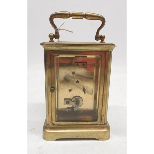 206 - Early 20th Century French carriage clock timepiece, brass case, bevel edged glass panels, white enam... 