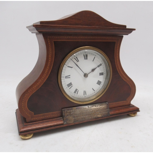 207 - 20th Century 8 day mahogany mantle timepiece, squat lyre shaped case with boxwood stringing bearing ... 