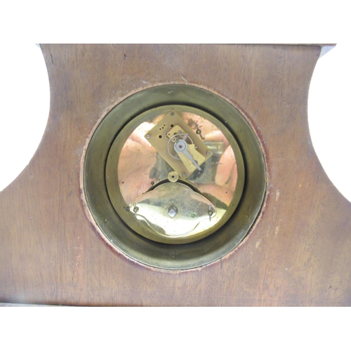 207 - 20th Century 8 day mahogany mantle timepiece, squat lyre shaped case with boxwood stringing bearing ... 