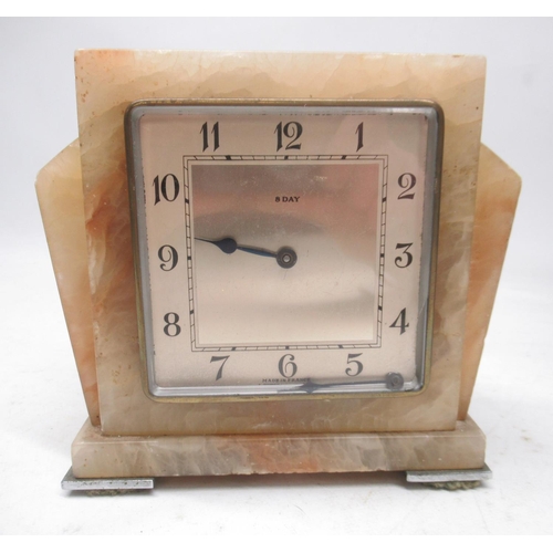 217 - V.R. Paris, 8 day slate and variegated marble mantle clock, 3 1/2