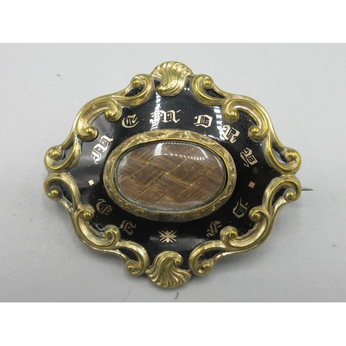 9 - Victorian yellow metal mourning brooch, black enamelled background with Gothic lettering spelling 'I... 