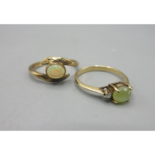 36 - 9ct yellow gold opal set ring, stamped 9ct, and a 14ct jade and diamond ring, stamped 14k, 4.8g