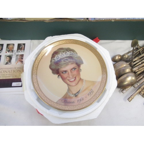 457 - Mixed collection of loose stamps, FDCs, spoons, cutlery and a Princess Diana plate