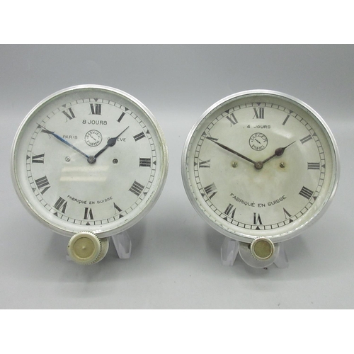 236 - Jaeger Paris and Geneve, 8 day aluminium car clock, signed silver Roman dial, case back no. 98696, D... 