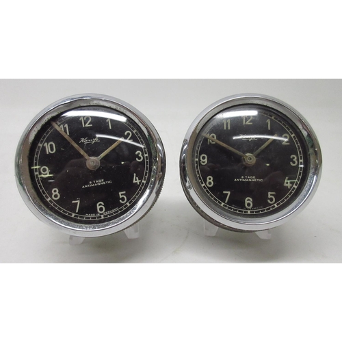 237 - Kienzle 8 day chrome car clock, signed black Arabic dial, D6.5cm,; similar car clock and movement