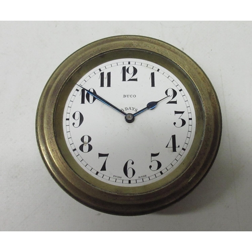 238 - Ripaults, Kings Road, London, 8 day plated car clock, signed silvered Arabic dial, D8.8cm; Duco 8 da... 