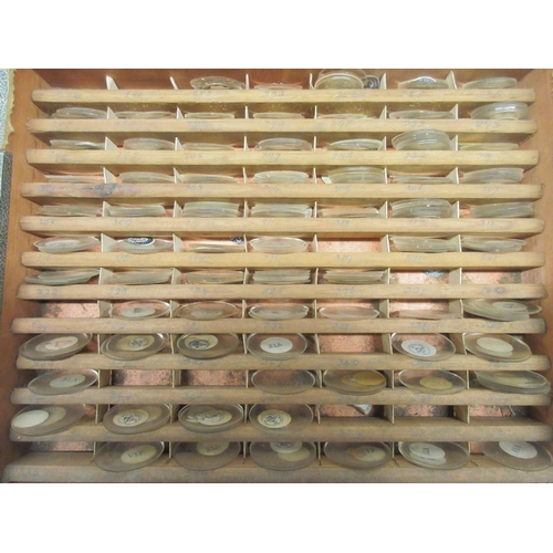 242 - Canvas bound four drawer cabinet containing graduated pocket watch glasses; G-S Flexo Round Crystal ... 