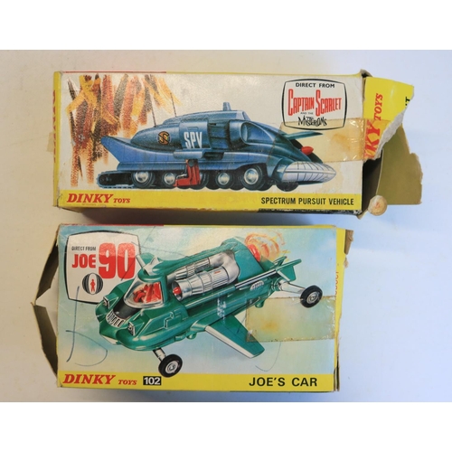 87 - Vintage Dinky Toys 102 Joe 90 Joe's Car and 104 Spectrum Pursuit Vehicle, models in good external co... 