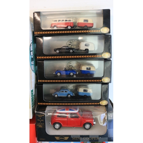 83 - Collection of mostly Volkswagen themed models to include 4 1/87 scale diecast car/caravan sets from ... 