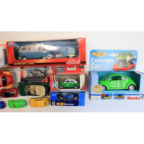 83 - Collection of mostly Volkswagen themed models to include 4 1/87 scale diecast car/caravan sets from ... 