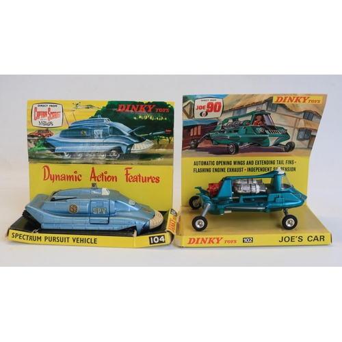 87 - Vintage Dinky Toys 102 Joe 90 Joe's Car and 104 Spectrum Pursuit Vehicle, models in good external co... 