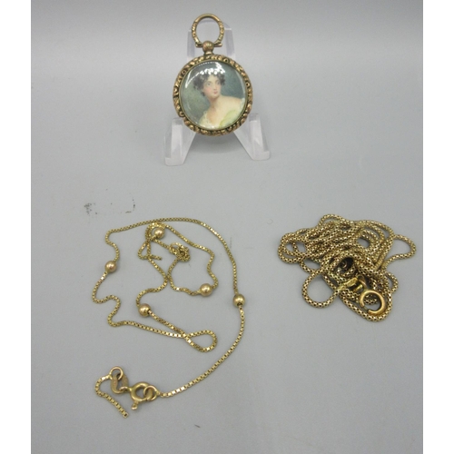 11 - Portrait miniature of a female in yellow metal mount, unmarked, and two 9ct yellow gold chains, both... 