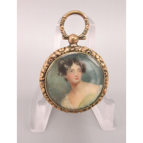 11 - Portrait miniature of a female in yellow metal mount, unmarked, and two 9ct yellow gold chains, both... 