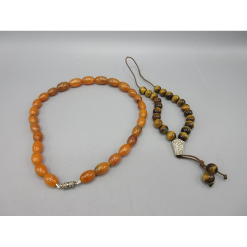 13 - Amber bead necklace with screw closure, and aa tigers eye bead necklace with white metal closure