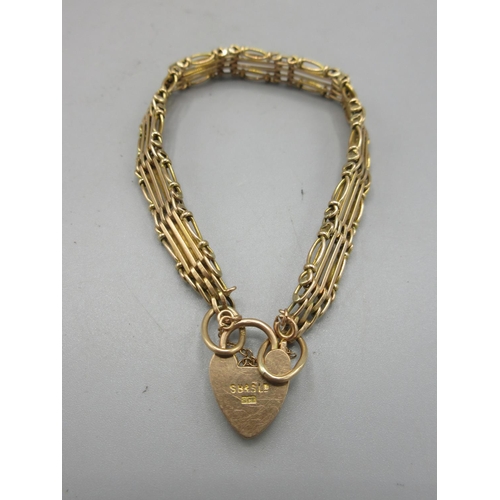 2 - 9ct yellow gold four gate heart padlock bracelet, safety chain AF, stamped 9ct, L18.5cm, 12.1g