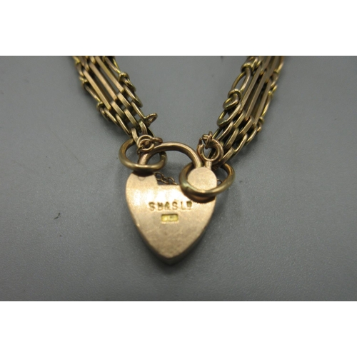 2 - 9ct yellow gold four gate heart padlock bracelet, safety chain AF, stamped 9ct, L18.5cm, 12.1g