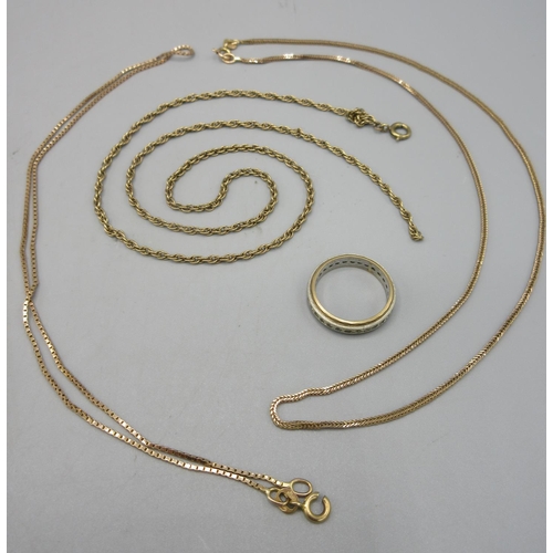 20 - Two 9ct gold chain necklaces, a 9ct white and yellow gold ring set with clear stones, size K1/2, all... 