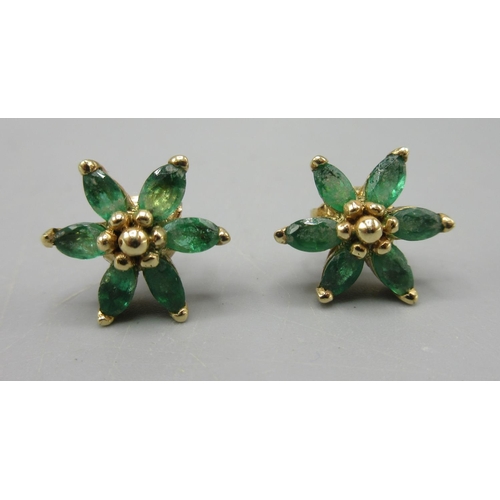 29 - Pair of 14ct yellow gold emerald set cluster earrings, with butterfly backs, stamped 14k, 2.3g