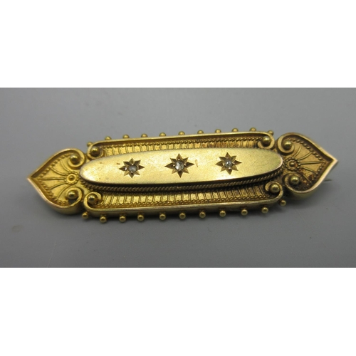 3 - 15ct yellow gold Etruscan style brooch set with three diamonds in star settings, stamped 15, L5cm, 4... 