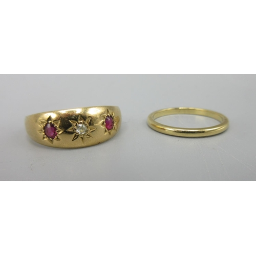 31 - 18ct yellow gold thin band ring, size J, and a yellow metal gypsy ring set with diamond and rubies, ... 