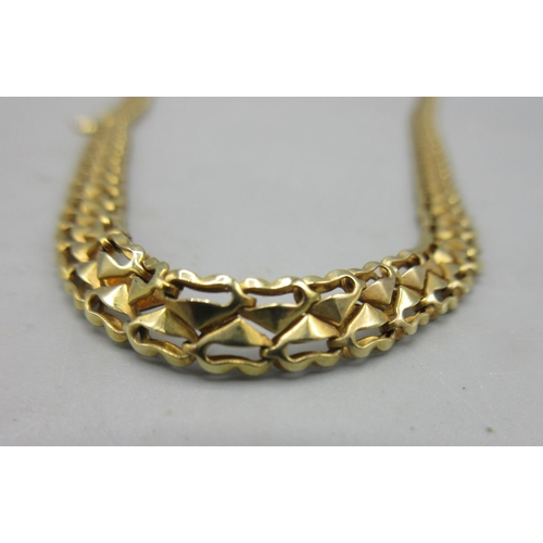 35 - Yellow metal articulated fancy link necklace, AF, clasp stamped 375, 13.8g