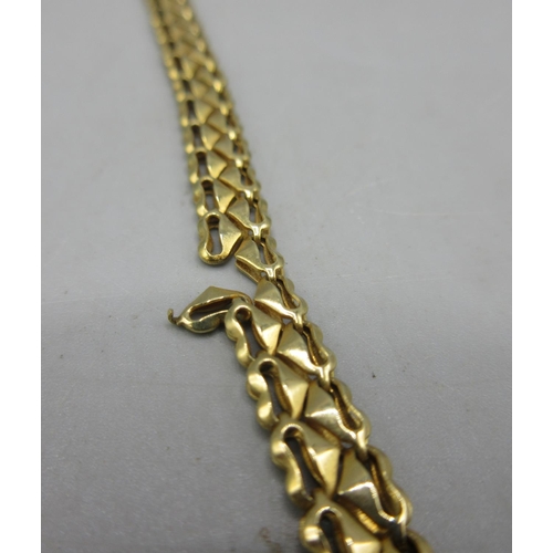 35 - Yellow metal articulated fancy link necklace, AF, clasp stamped 375, 13.8g