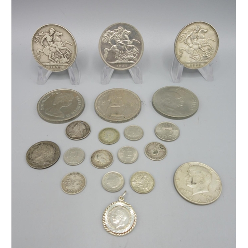 45 - Victorian silver crown 1891 another 1895 crown, three small silver coins, 1.97ozt, and a collection ... 