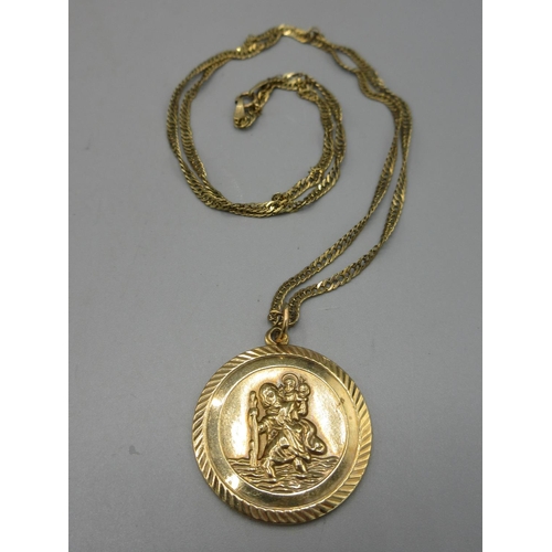 49 - 9ct yellow gold St. Christopher pendant on 9ct yellow gold chain, AF, 10.8g