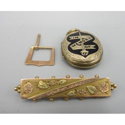 6 - 9ct rose and yellow gold bar brooch with leaf detail, AF, a 9ct gold buckle, both stamped 375, 2.7g,... 