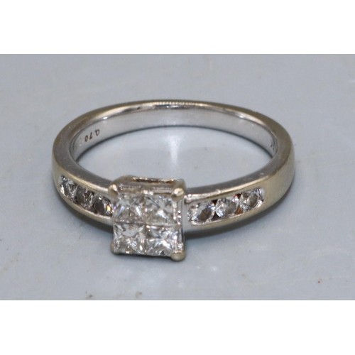 1 - 18ct white gold ring set with four square cut diamonds in square shaped claw setting, on half diamon... 