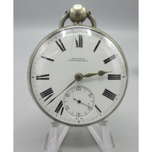 155 - Thompson, Chesterfield, silver key wound pocket watch, signed white enamel Roman dial with subsidiar... 