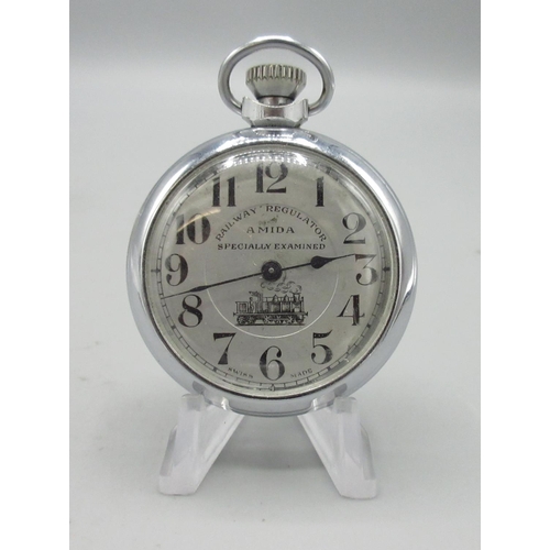 156 - Amida 'Railway Regulator' chrome keyless pocket watch, signed silvered Arabic dial, pin pallet movem... 