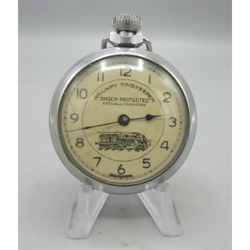 156 - Amida 'Railway Regulator' chrome keyless pocket watch, signed silvered Arabic dial, pin pallet movem... 