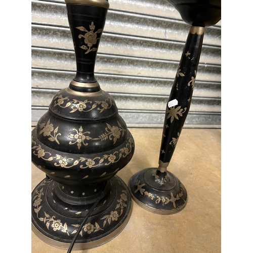 180 - Indian black painted and engraved metal standard lamp, and a similar free standing ashtray, H171cm a... 