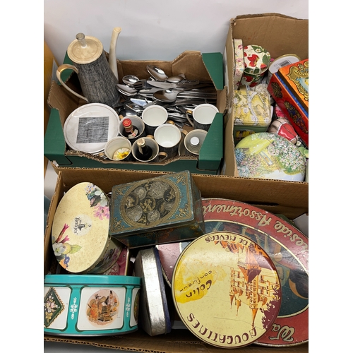 392 - Various metalware incl. silver plate, vintage tins, etc. (6 boxes)